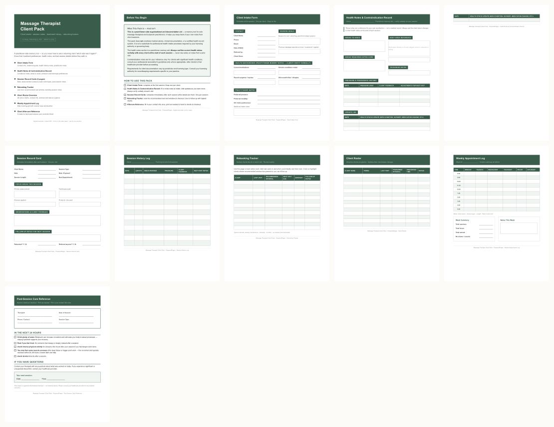 Massage Therapist Client Pack — thumbnails of every page