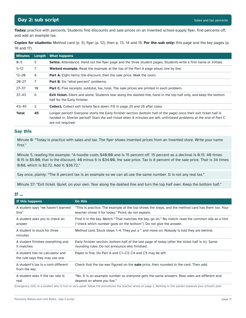 Middle School Math Sub Plans for Percents and Ratios — page preview