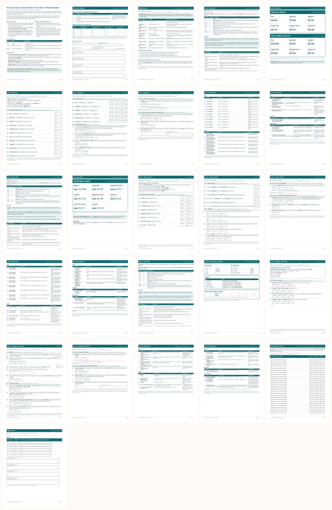 Middle School Math Sub Plans for Percents and Ratios &mdash; thumbnails of every page