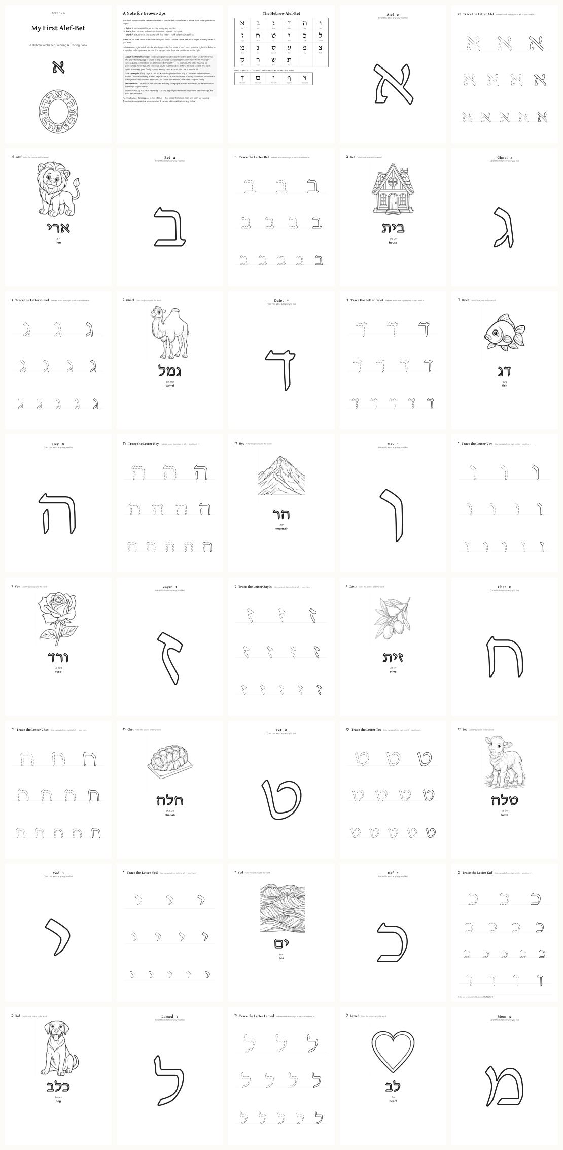 Hebrew Alef-Bet Coloring & Tracing Book — thumbnails of every page
