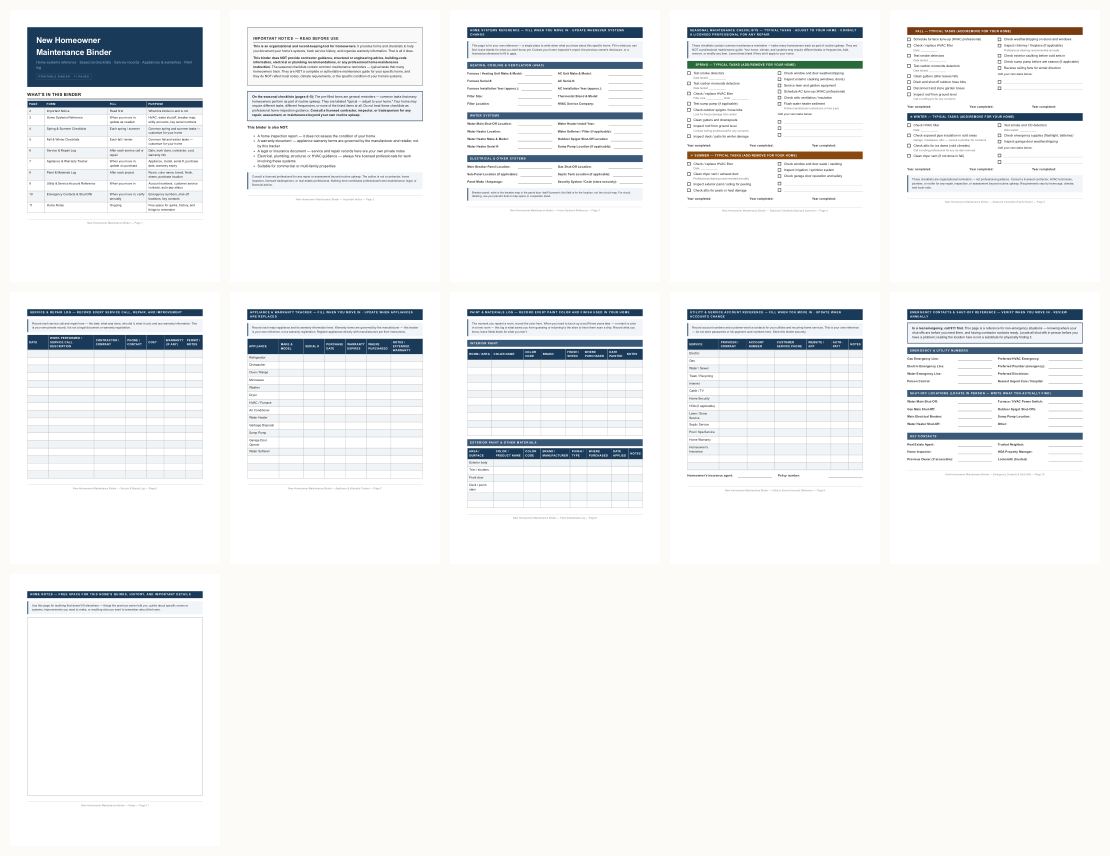 New Homeowner Maintenance Binder — thumbnails of every page