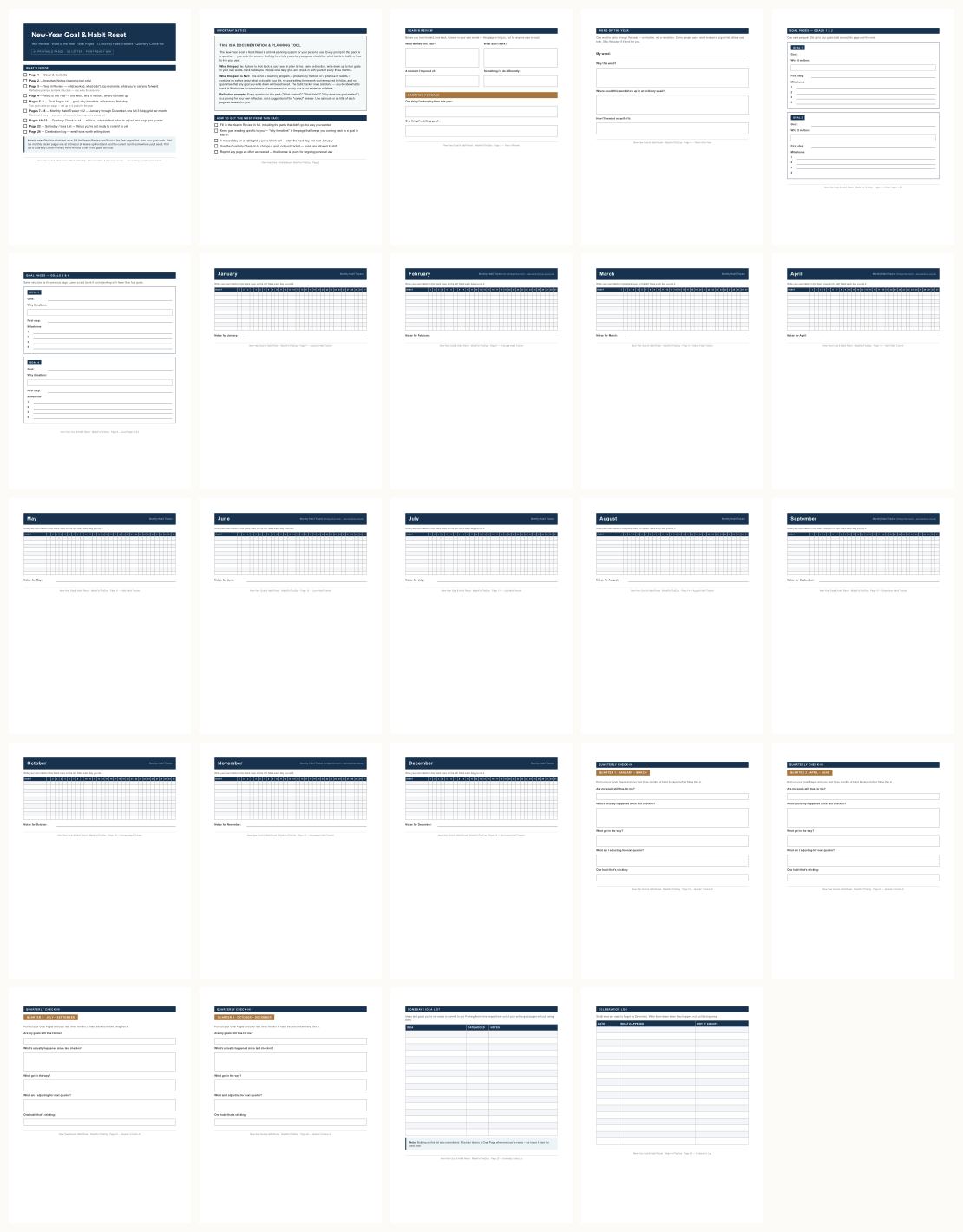 New Year Goal & Habit Reset + Kids Goal-Setting Pack — thumbnails of every page