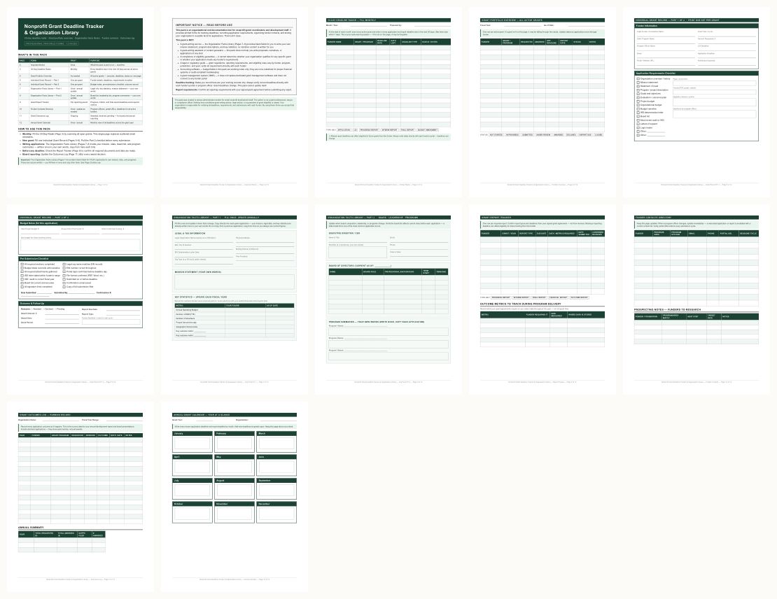 Nonprofit Grant Deadline Tracker & Organization Library &mdash; thumbnails of every page