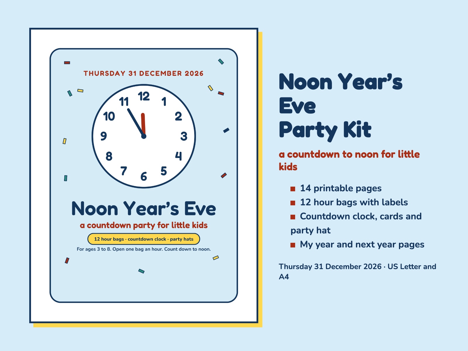 Noon Year's Eve Party Kit for Little Kids: Countdown to Noon, Hour Bags and Party Hats — page preview