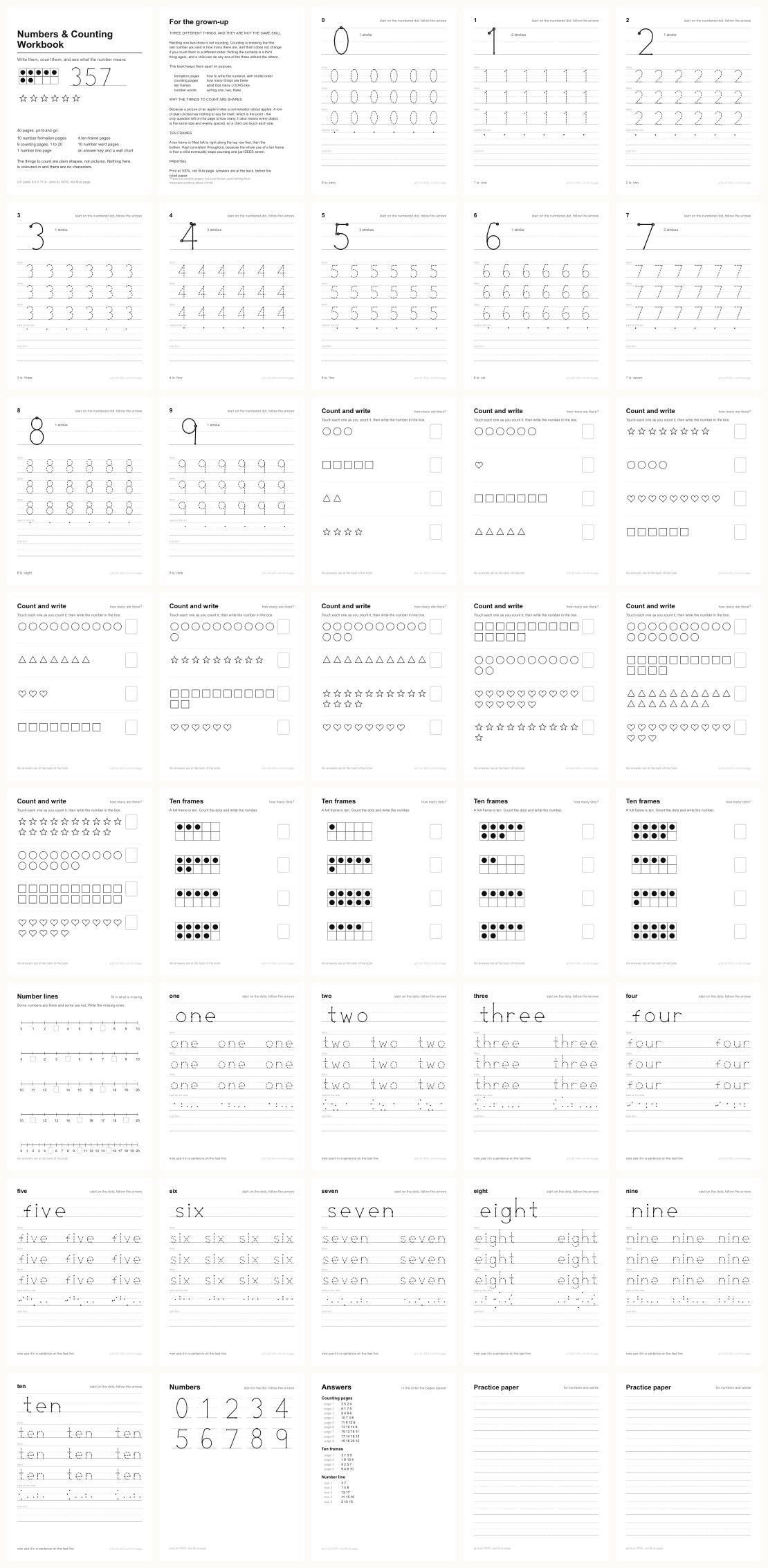 Numbers & Counting Workbook &mdash; thumbnails of every page
