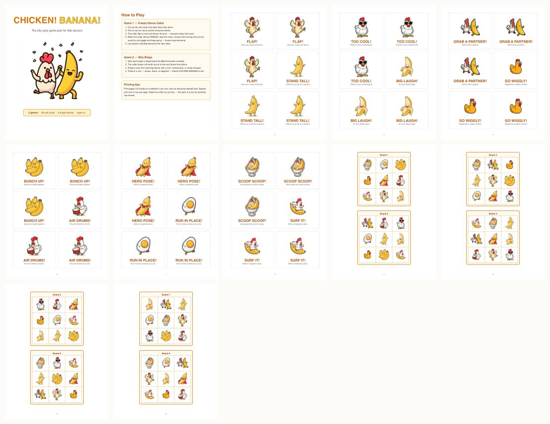 Chicken! Banana! Banana! Party Game Pack &mdash; thumbnails of every page