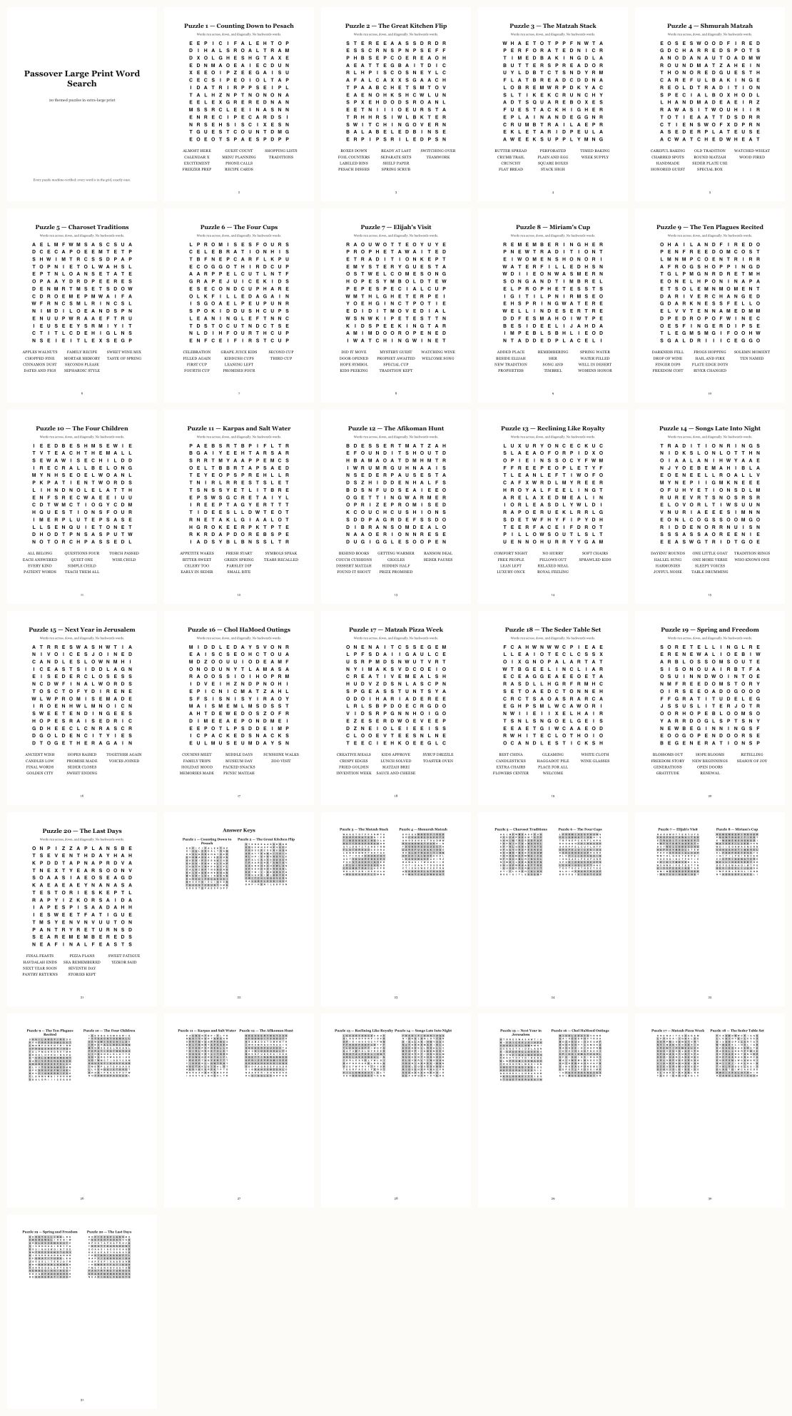 Passover Word Search — Large Print &mdash; thumbnails of every page