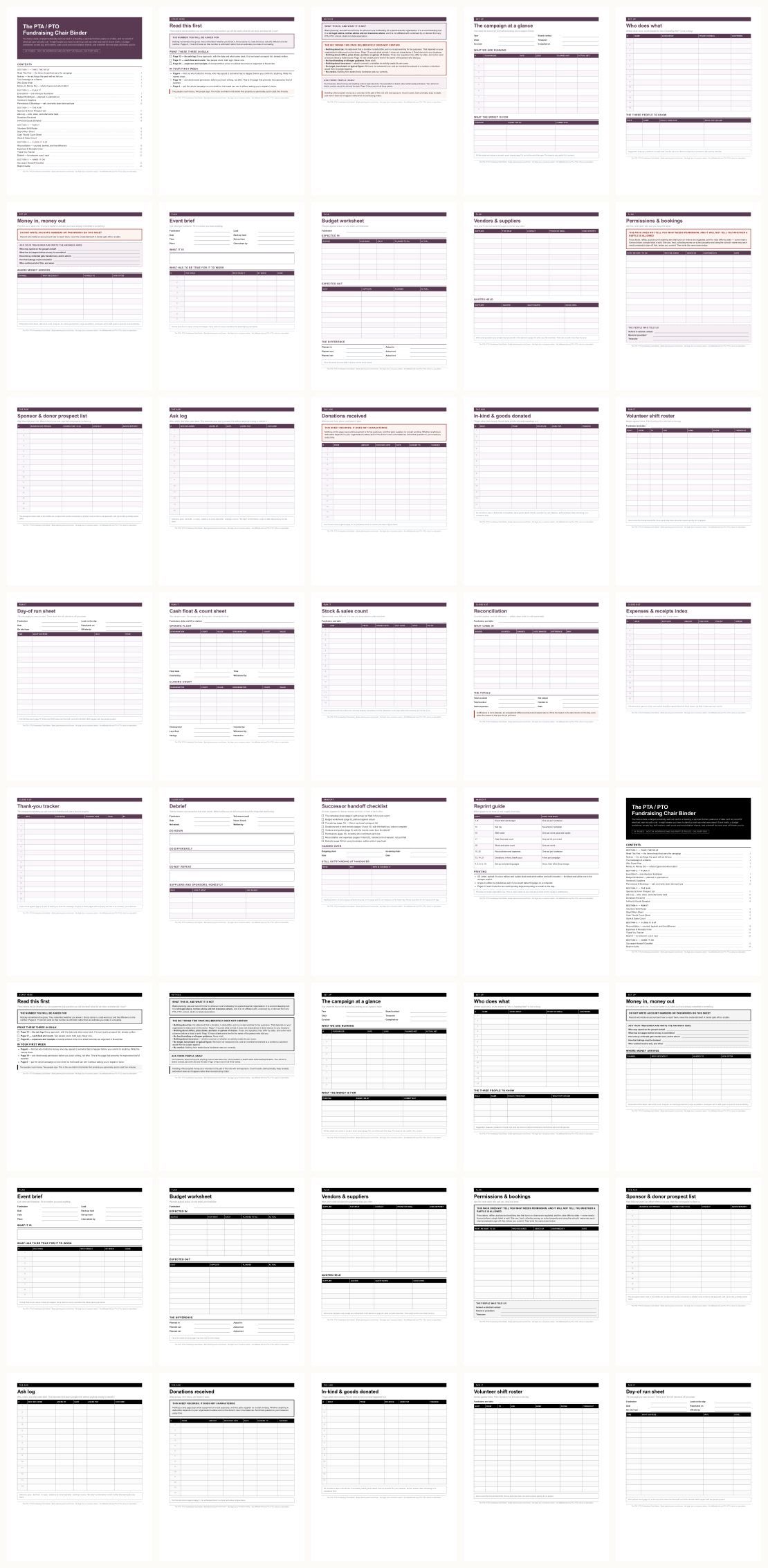 PTA Fundraising Chair Binder &mdash; thumbnails of every page