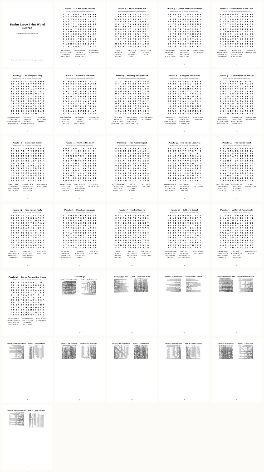 Purim Word Search — Large Print &mdash; thumbnails of every page