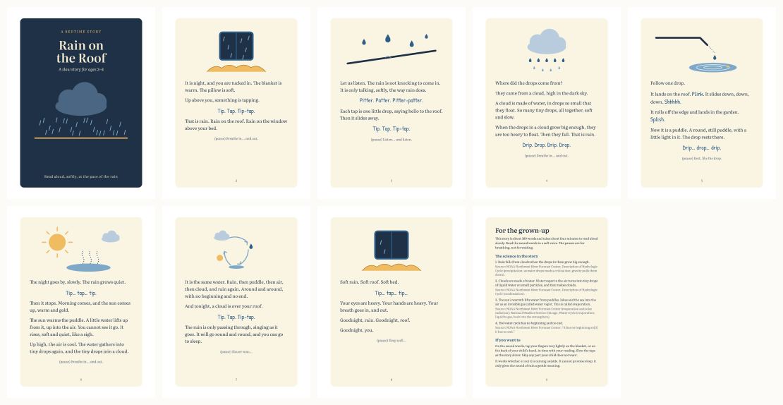 Rain on the Roof Bedtime Story for Ages 2-4: Where Raindrops Go — thumbnails of every page