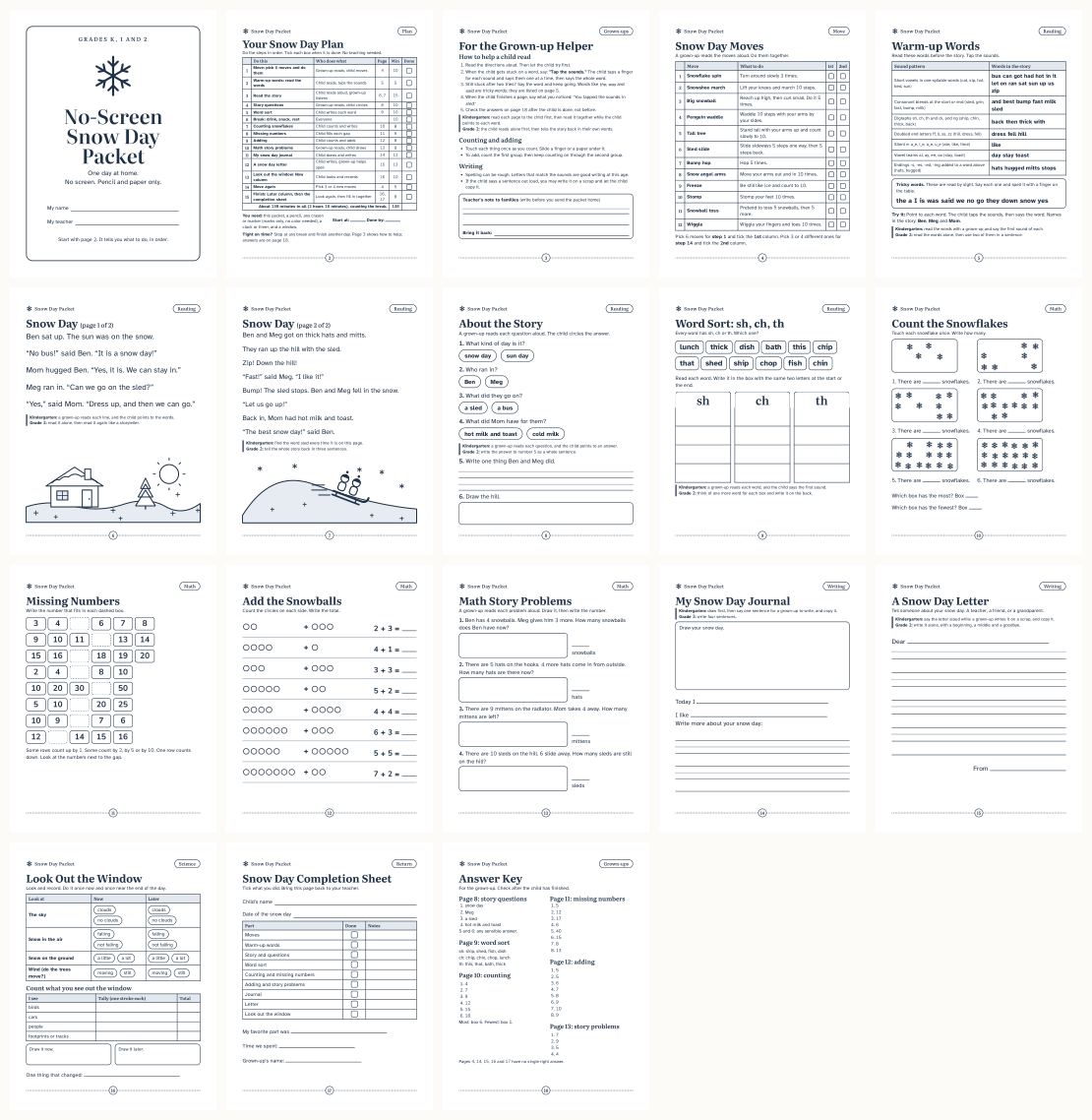 Remote Snow Day Packet for K-2: One No-Screen Day Families Can Run at Home &mdash; thumbnails of every page