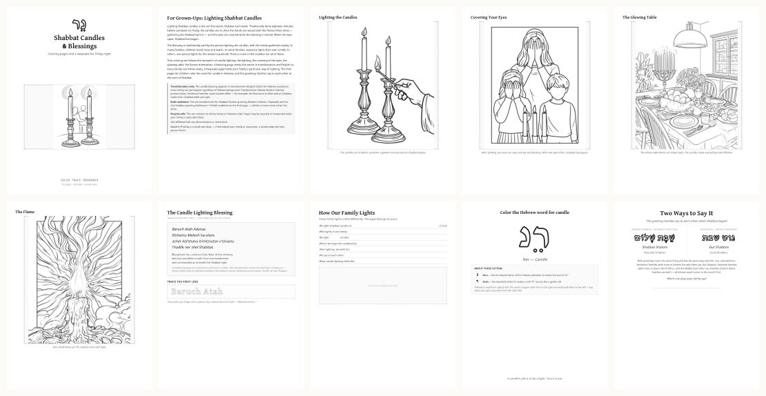 Shabbat Candles Coloring &mdash; thumbnails of every page