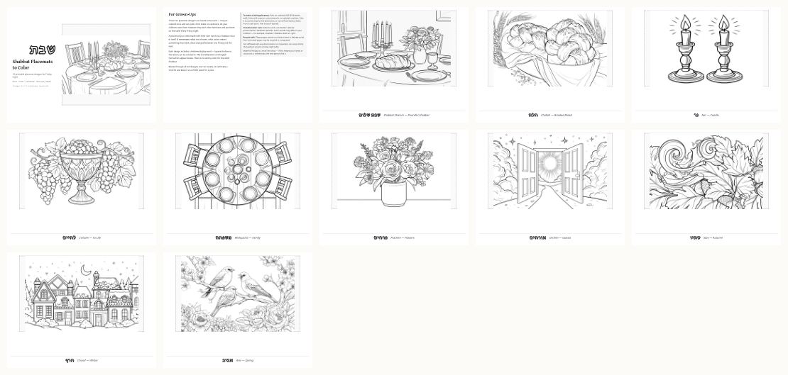 Shabbat Placemat Coloring Set — thumbnails of every page