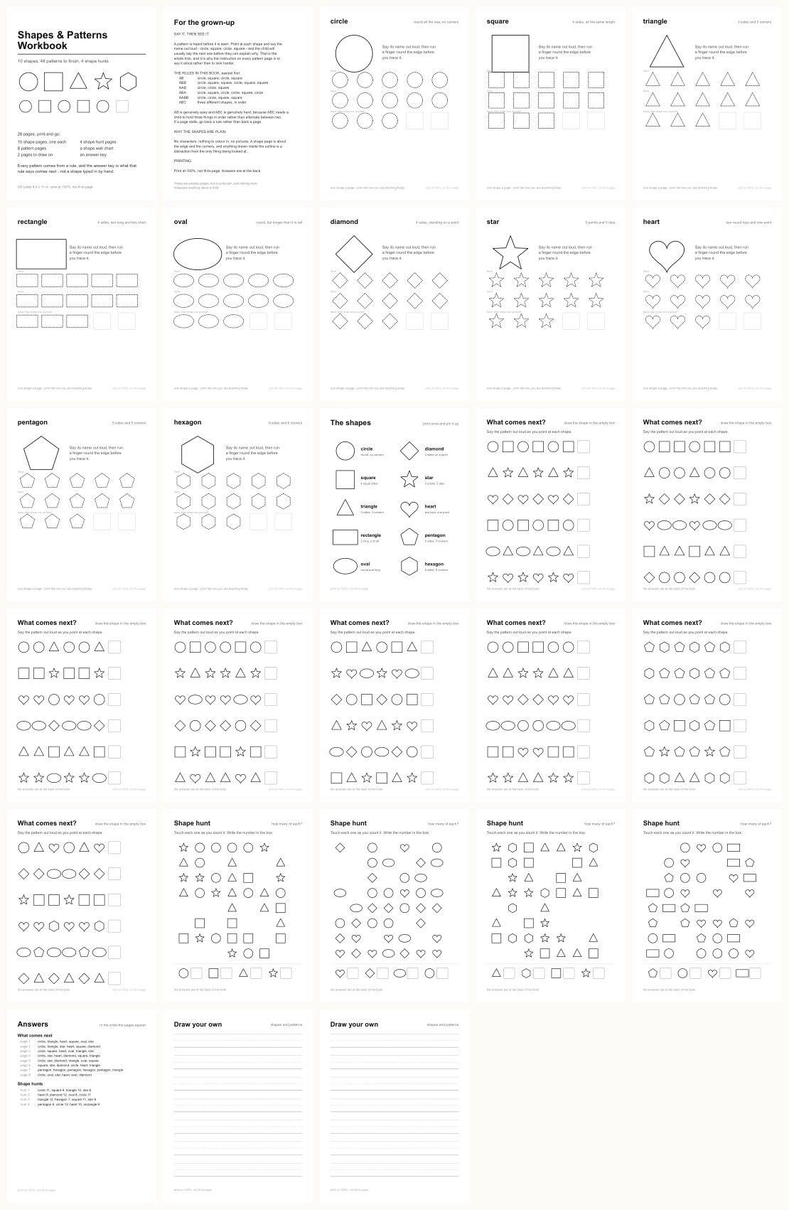 Shapes & Patterns Workbook &mdash; thumbnails of every page
