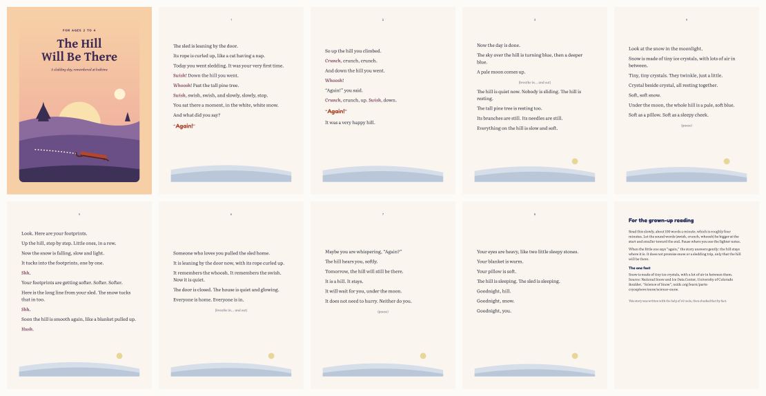 Sledding Bedtime Story for Ages 2–4: The Hill Will Be There — thumbnails of every page