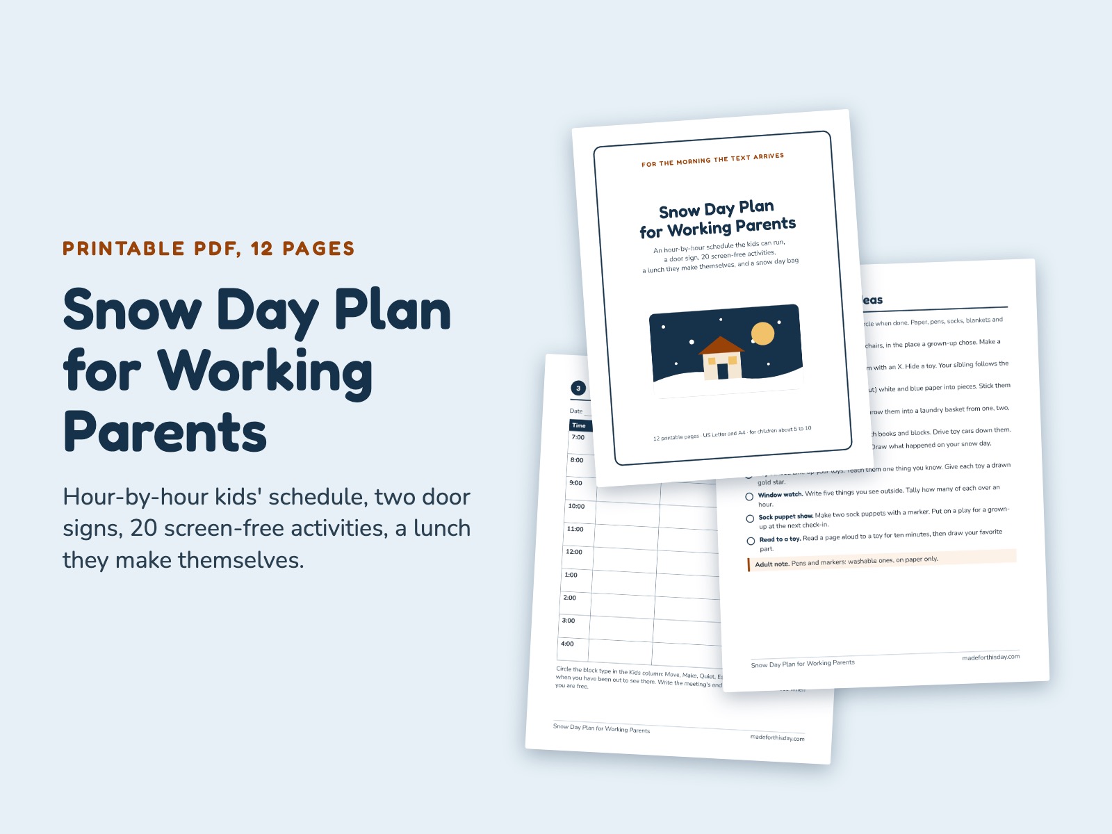 Snow Day Plan for Working Parents: Kids' Hourly Schedule and Door Sign preview