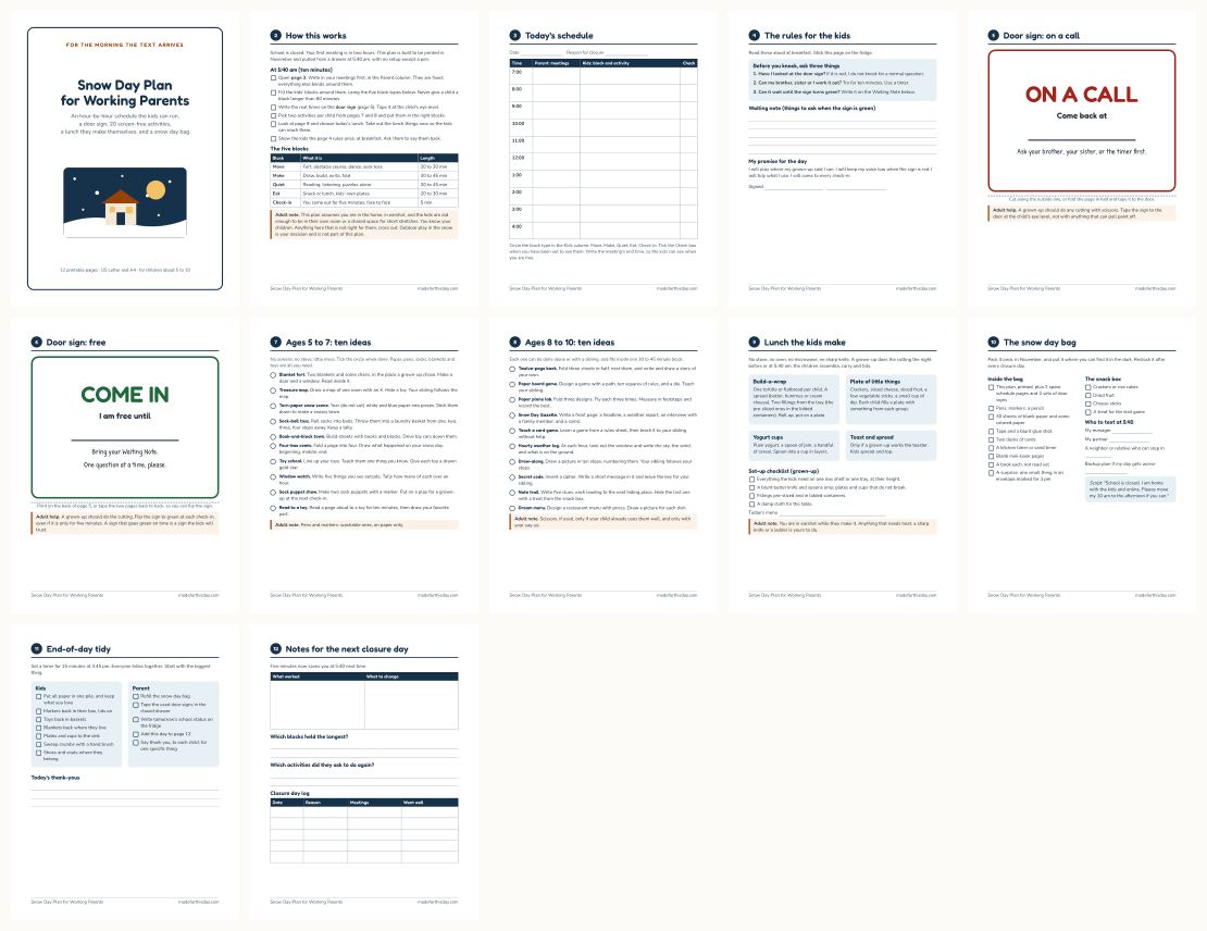 Snow Day Plan for Working Parents: Kids' Hourly Schedule and Door Sign — thumbnails of every page