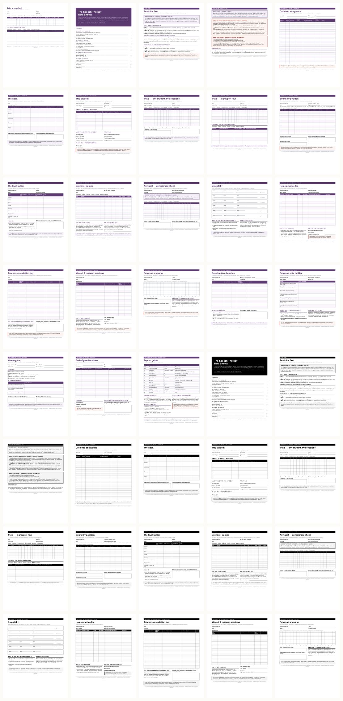 Speech Therapy Data Sheets &mdash; thumbnails of every page