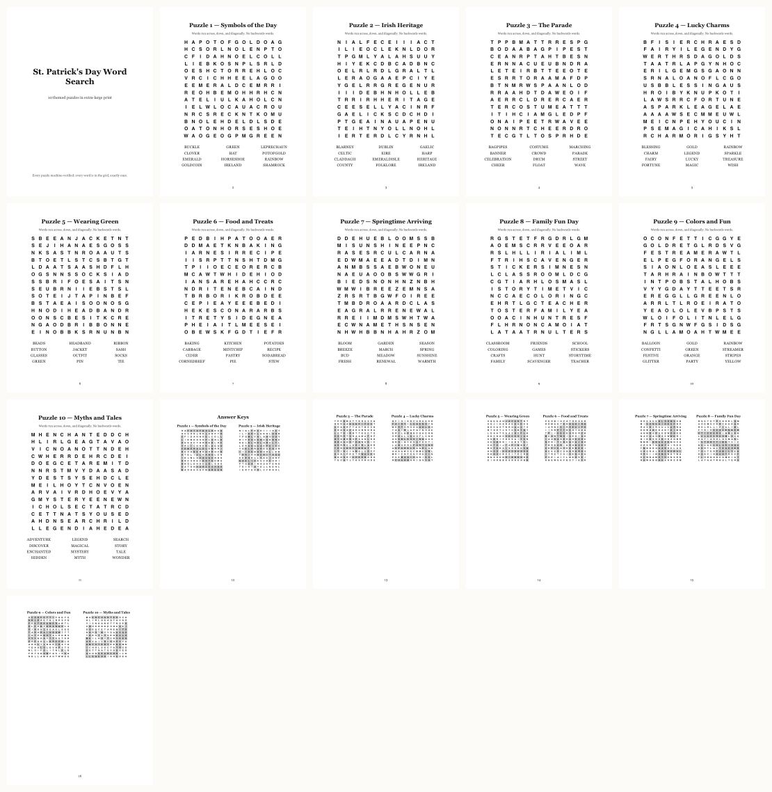 St Patrick's Day Word Search — thumbnails of every page