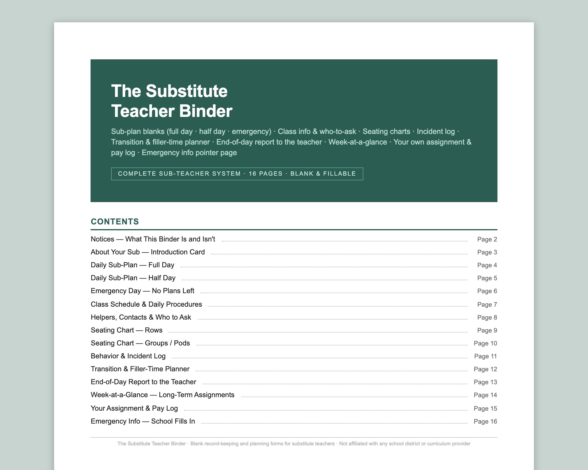 Substitute Teacher Binder preview