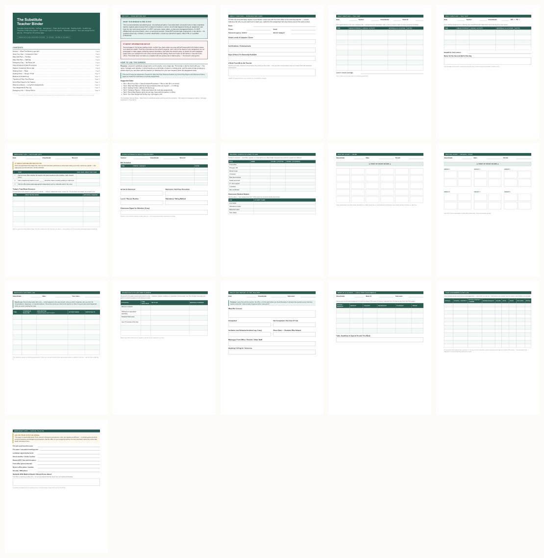 Substitute Teacher Binder &mdash; thumbnails of every page