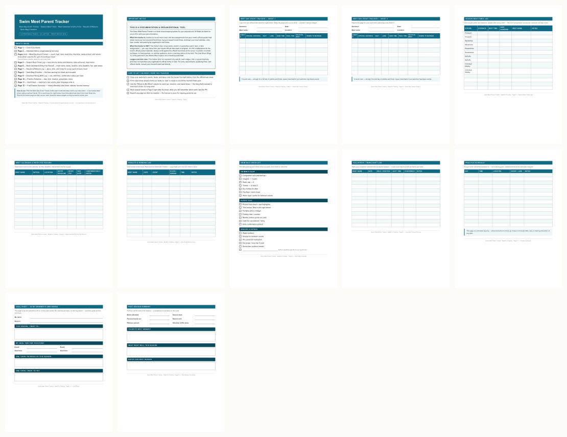 Swim Meet Parent Tracker &mdash; thumbnails of every page
