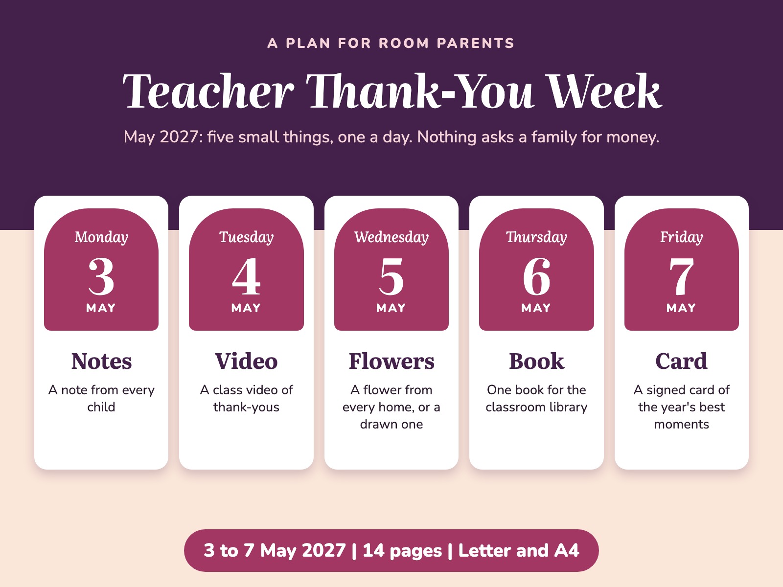 Teacher Thank-You Week Plan for Room Parents, May 2027 — page preview