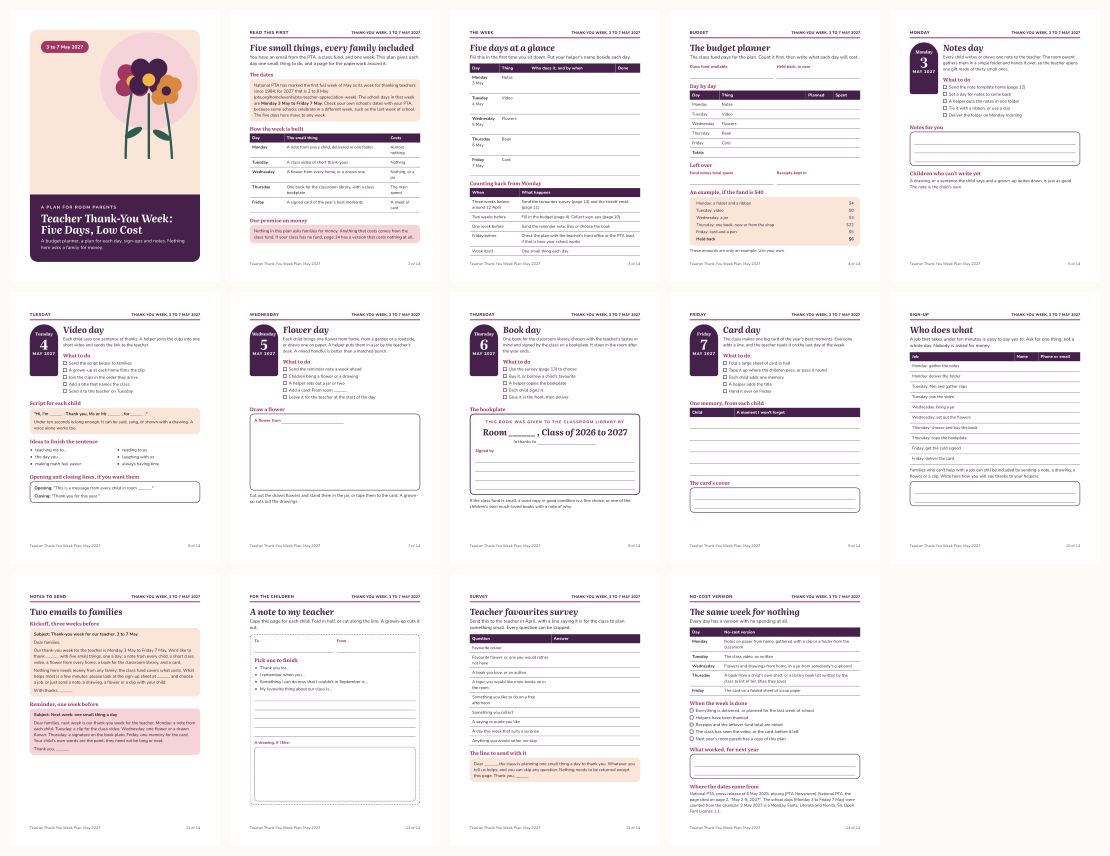 Teacher Thank-You Week Plan for Room Parents, May 2027 &mdash; thumbnails of every page