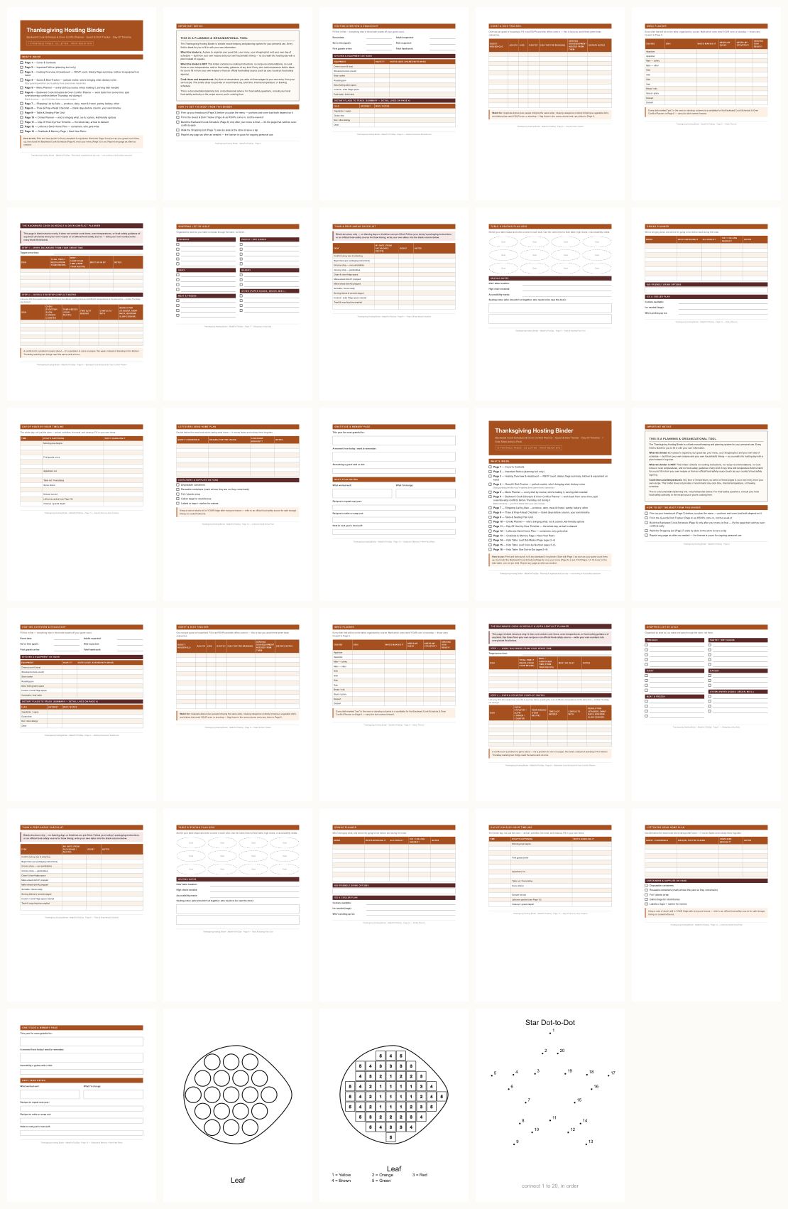 Thanksgiving Hosting Binder + Kids Activity Pack &mdash; thumbnails of every page