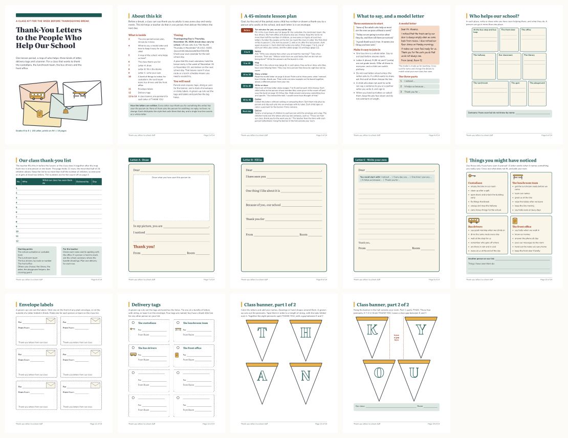 Thanksgiving Thank-You Letters to School Staff: Class Kit and Lesson Plan &mdash; thumbnails of every page