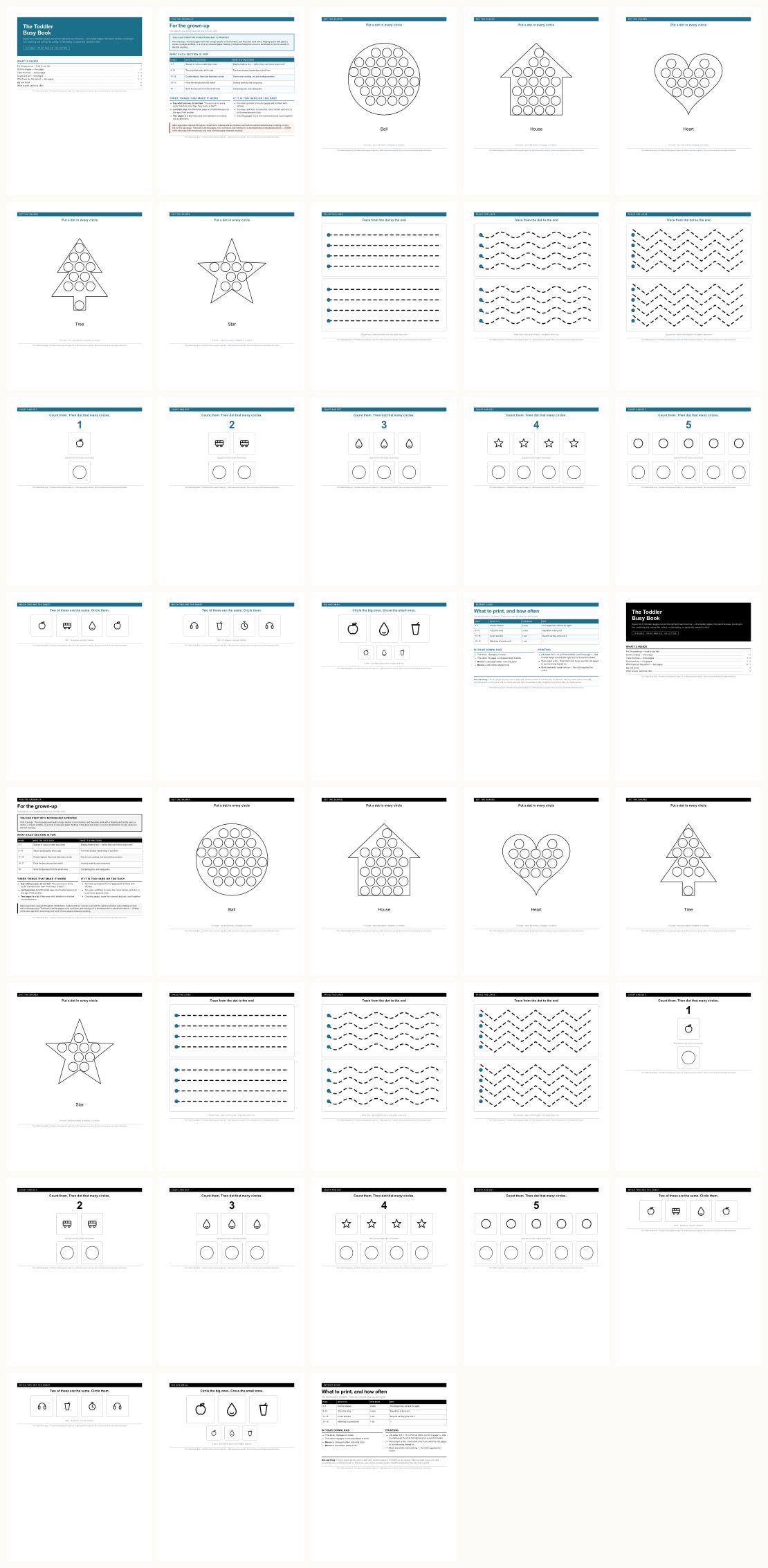 Toddler Busy Book — thumbnails of every page