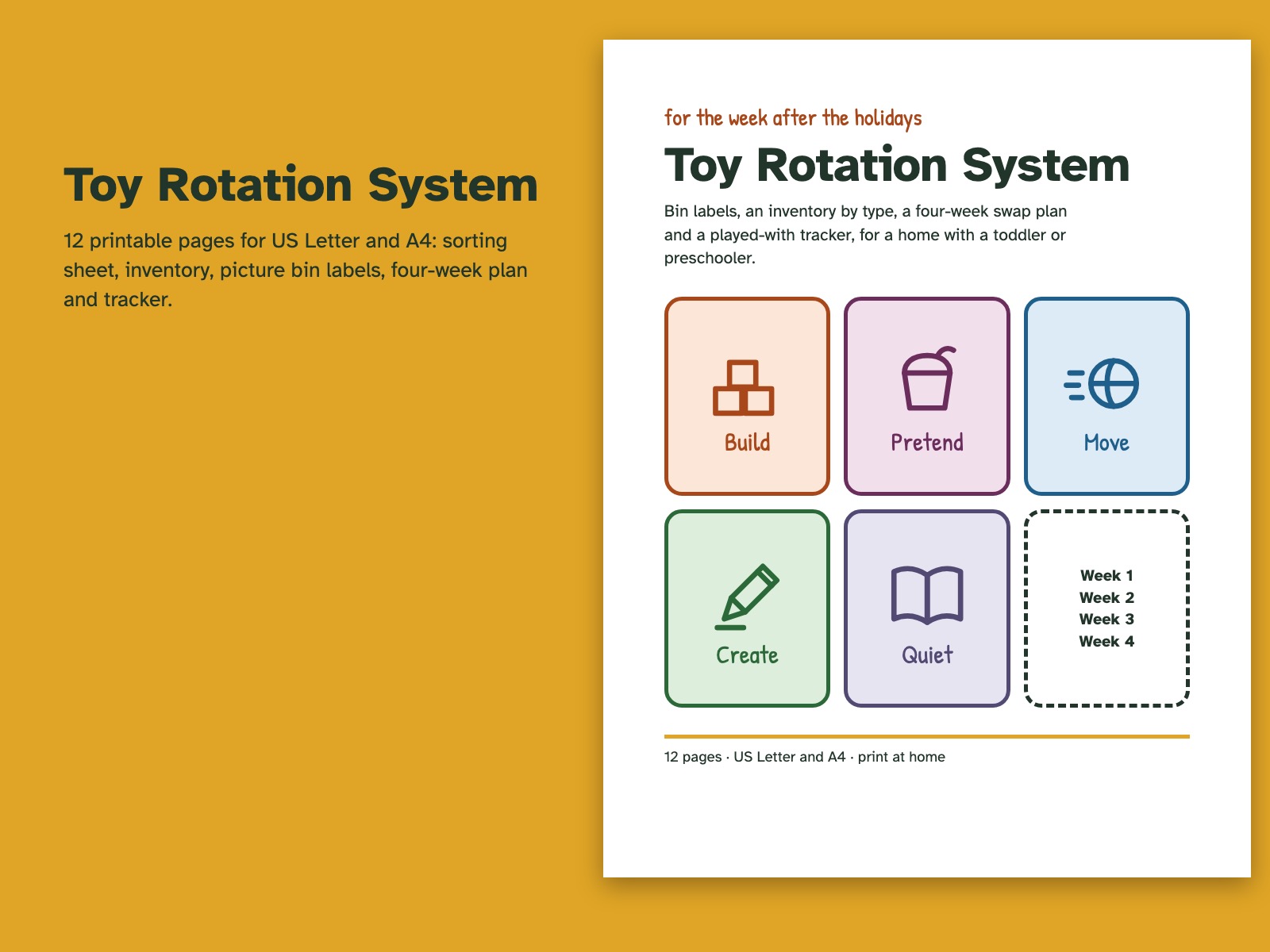 Toy Rotation System Printable: Bin Labels, Inventory and Four-Week Swap Plan — page preview