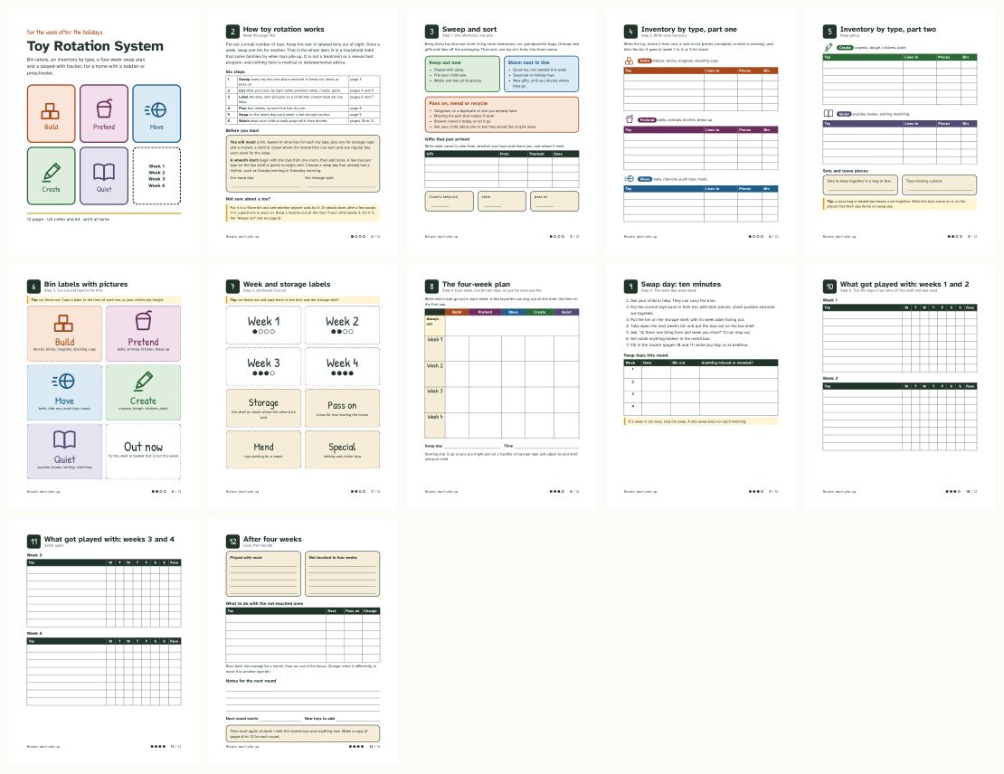 Toy Rotation System Printable: Bin Labels, Inventory and Four-Week Swap Plan &mdash; thumbnails of every page