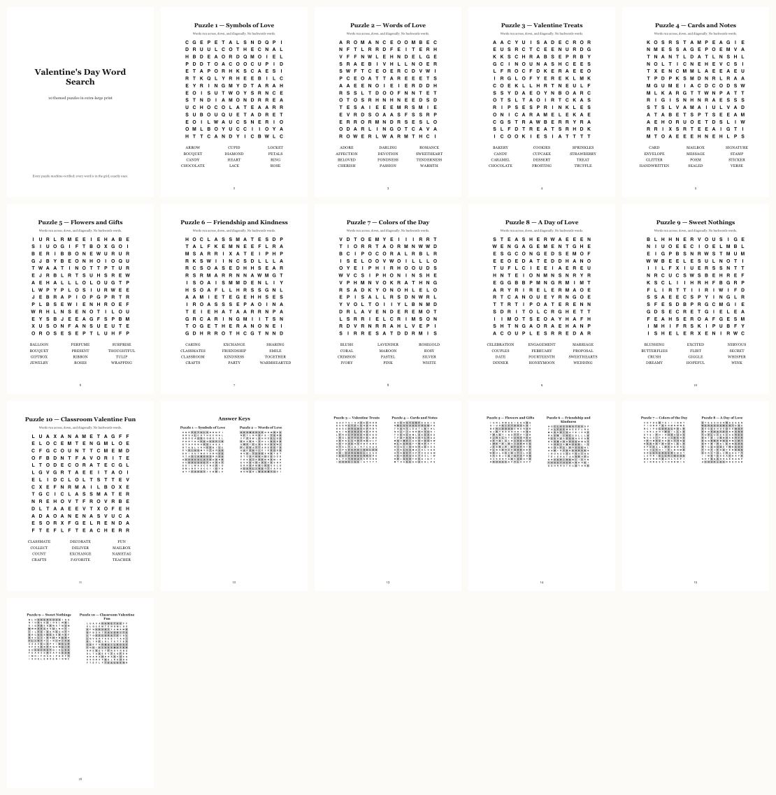 Valentine's Day Word Search — thumbnails of every page