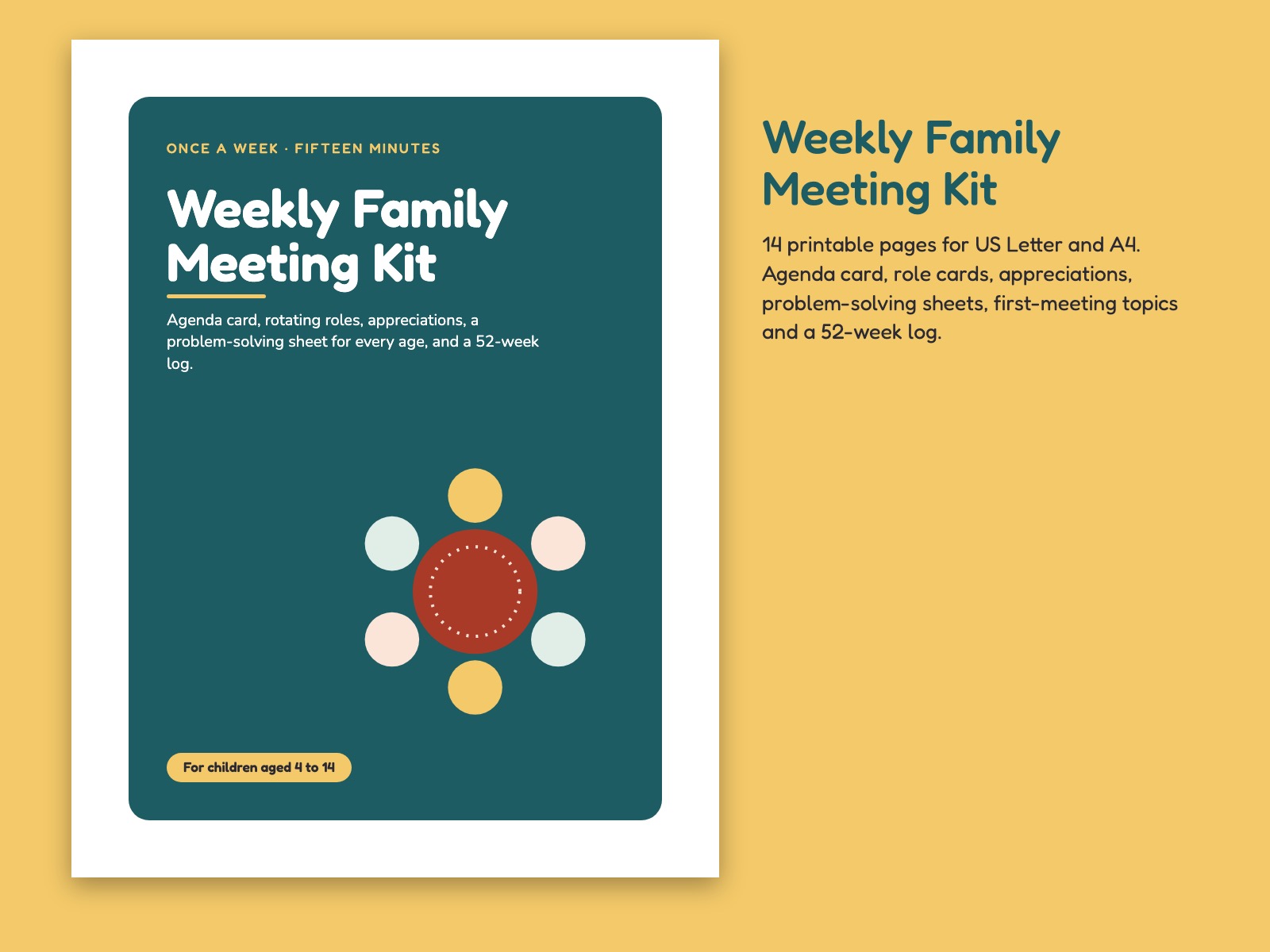Weekly Family Meeting Kit: Agenda Card, Rotating Roles and Appreciations for Kids 4-14 — page preview