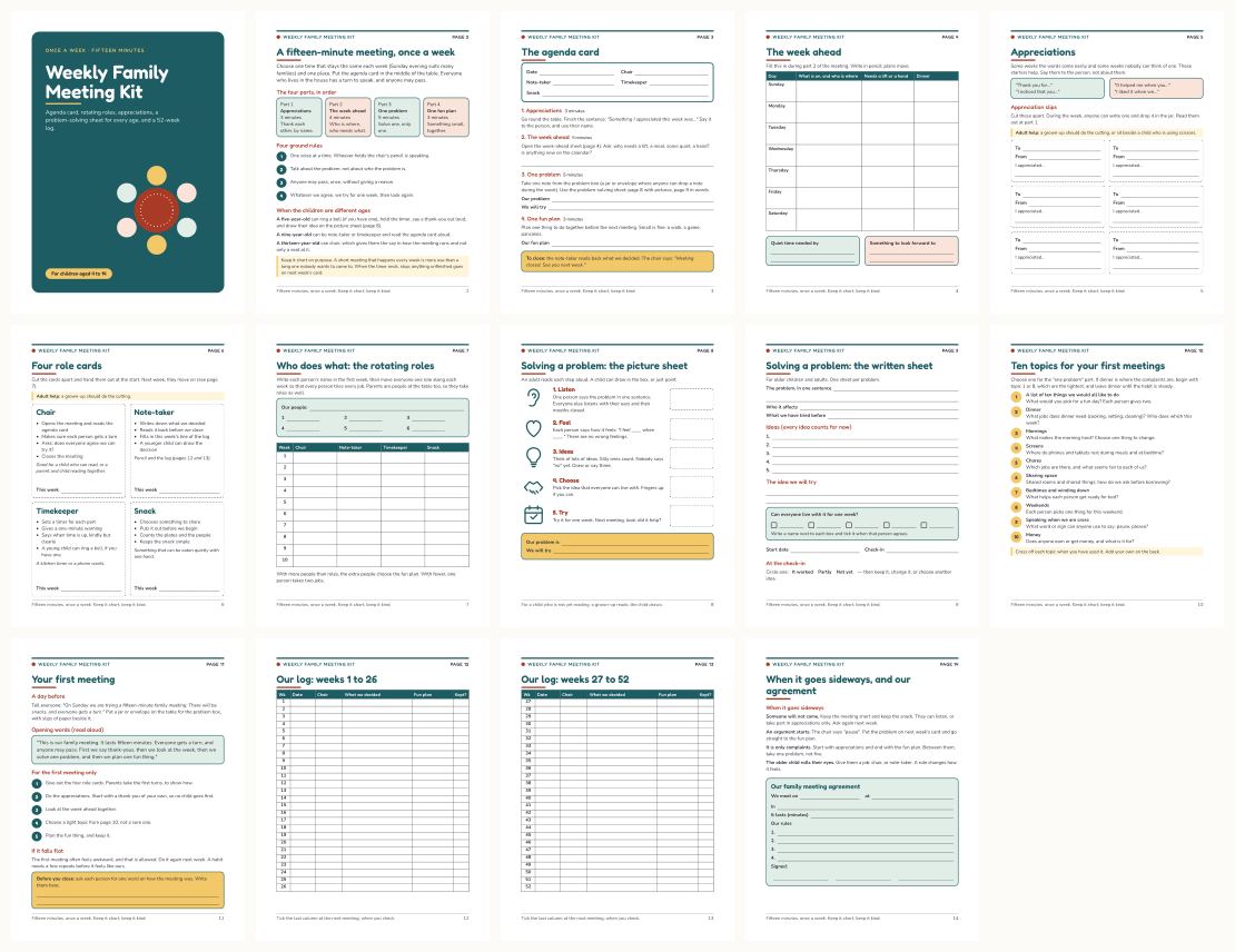 Weekly Family Meeting Kit: Agenda Card, Rotating Roles and Appreciations for Kids 4-14 — thumbnails of every page