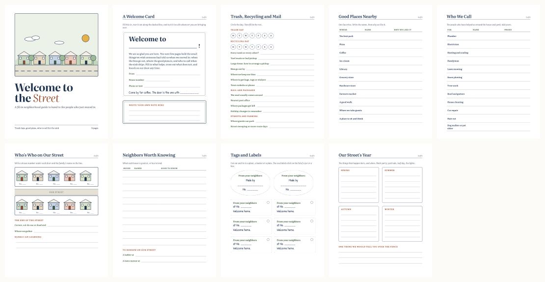 Welcome to the Neighborhood Printable: Fill-In Street Guide for New Neighbors — thumbnails of every page