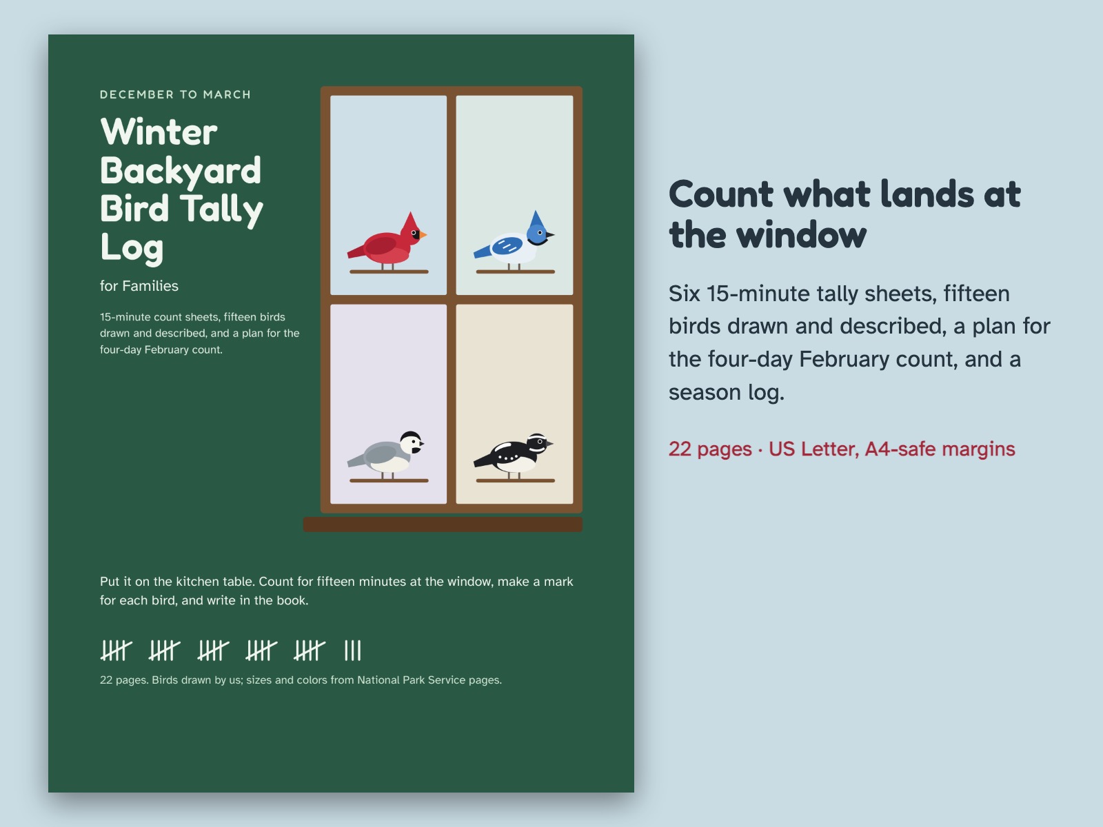 Winter Backyard Bird Tally Log for Families: 15-Minute Count Sheets and a February Plan — page preview