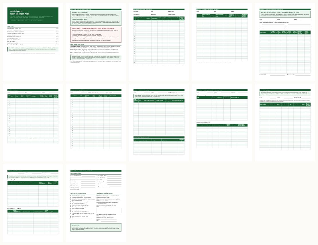 Youth Sports Team Manager Pack — thumbnails of every page